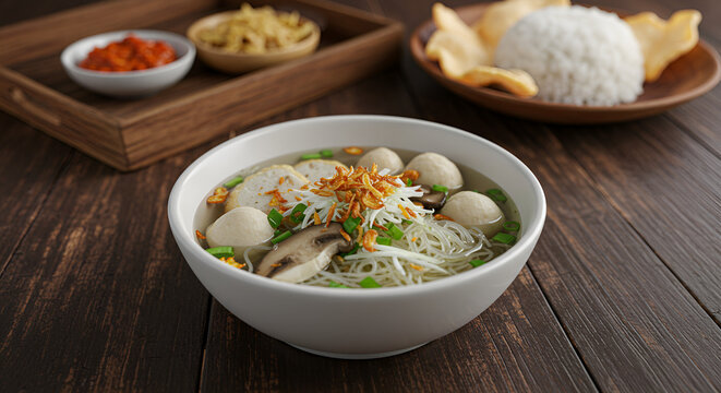 Delicious Bowl of Bakso Soup with Vermicelli Noodles