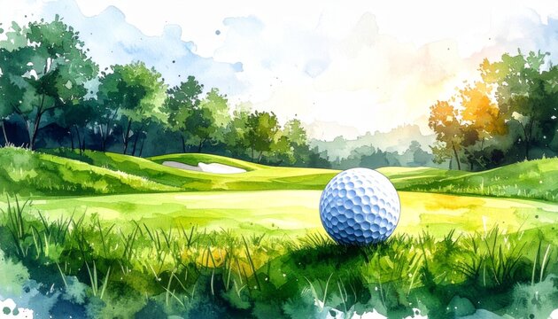 A golf ball nestled in the grass of a beautiful green course captured in a stunning watercolor painting