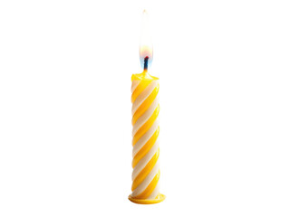 Twisted yellow and white birthday candle with flame image, Png Transparent, Isolated on White
