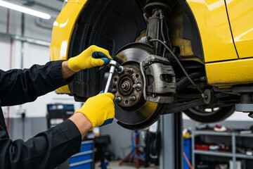 Fototapeta premium Mechanic's Hands Tightening Bolts on Yellow Car's Brake Rotor in Auto Repair Shop