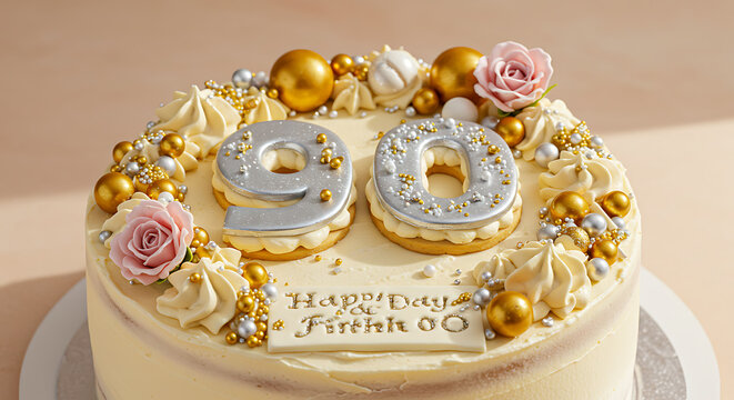 Elegant 90th Birthday Celebration Cake with Delicate Frosting and Festive Decorations for Memorable Milestone