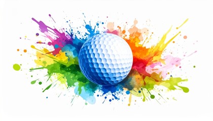 A vibrant golf ball with colorful paint splashes on a clean white background showcased in a detailed watercolor illustration
