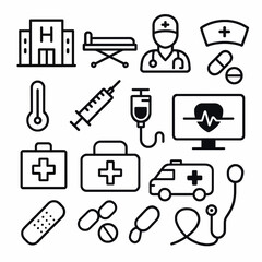 Medical Icons Vector Illustration Set - Healthcare Outline Symbols and Elements for Design and Infographics