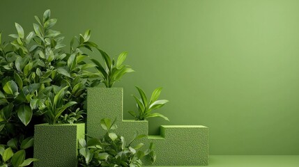 Green leaves and green blocks on a green background. The scene is minimalist and natural.