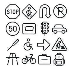 Collection of Simple Line Art Vector Icons for Transportation and Safety, ideal for website, apps and print