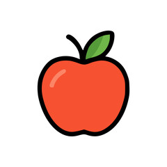 Simple red apple clipart with thick black outline and green leaf, colorful cartoon fruit for kids and design
