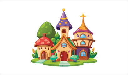 Naklejka premium A vibrant cartoon fairy tale castle with towers and a flag, perfect as a vector illustration of a fantasy building or home