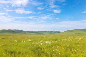 Obraz premium Vast Grassland with Distant Hills under Blue Sky 
