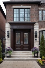 Elegant dark wood front door on a brick home