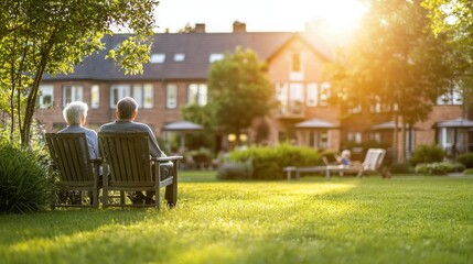Two elderly individuals sitting in a lush green garden, enjoying the sun, with a brick building in the background.
