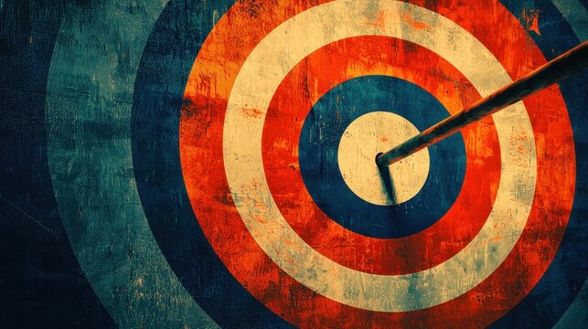 A dart arrow hitting a bullseye on a target with concentric circles of red, white, and blue colors on a textured, grungy background.