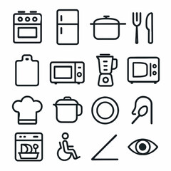 Minimalist Kitchen Utensils and Appliances Outline Icons Set for Design and Infographics, Including Cooking Tools, Furniture, and Human Elements