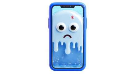 Blue phone with cartoon face on screen