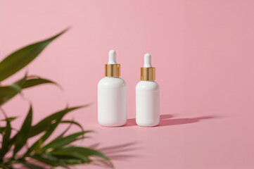 Pristine White Essential Oil Bottles with Gold Droppers on Pink