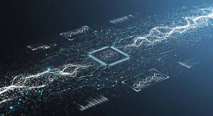 Glowing fiber optics and digital network concept with blue abstract technology background