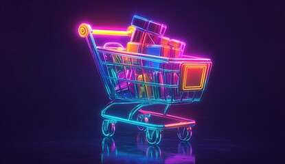 Neon shopping cart filled with gifts