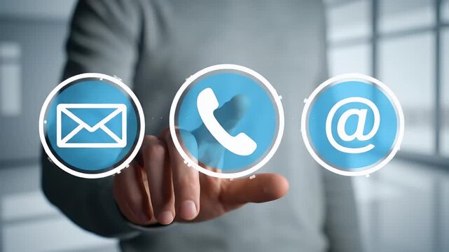 Mans Hand Touching Digital Contact Icons for Communication Options in a Minimalist Office Setting with Blue and White Elements Optimized for Adobe Stock