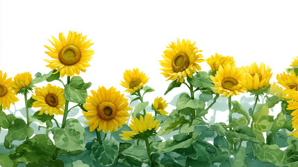 Fototapeta premium Watercolor Sunflower Field with White Background 