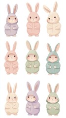 Nine pastel-colored bunny characters, wearing hooded sweaters