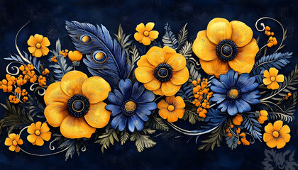A vibrant array of painted yellow and blue flowers amidst feathery foliage on a dark, textured background