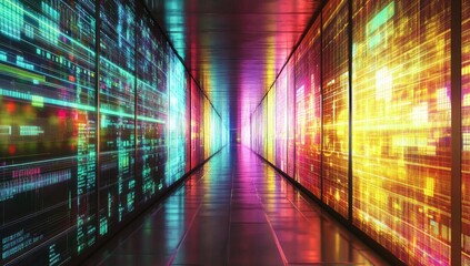 Futuristic server tunnel, vibrant displays