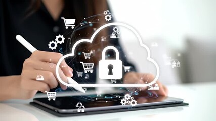 Cloud Security Concept with Digital Padlock Hand Holding Stylus and Tablet Device in a Bright White Background - Powered by Adobe