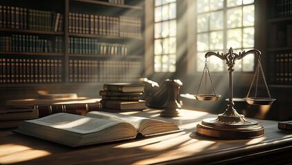Sunlit law office, books, scales of justice