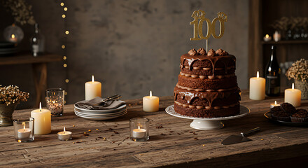 Elegant 100th Anniversary Celebration Chocolate Cake and Candlelit Ambiance on Wooden Table