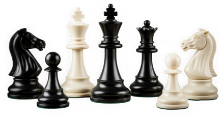 Chess pieces black and white strategy game isolated on transparent background