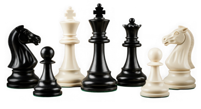 Chess pieces black and white strategy game isolated on transparent background