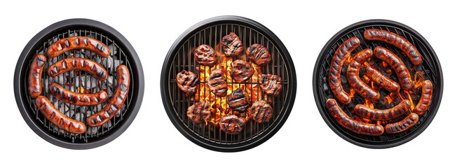 Three round barbecue grills with grilled sausages and meat patties isolated on transparent background