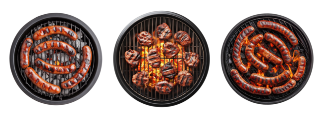 Three round barbecue grills with grilled sausages and meat patties isolated on transparent background