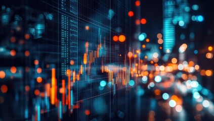 Naklejka premium Financial data overlaid on blurred city lights