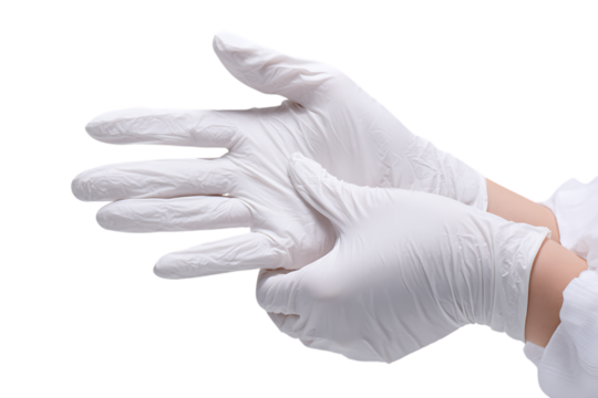 Close up of hands wearing white vinyl gloves.