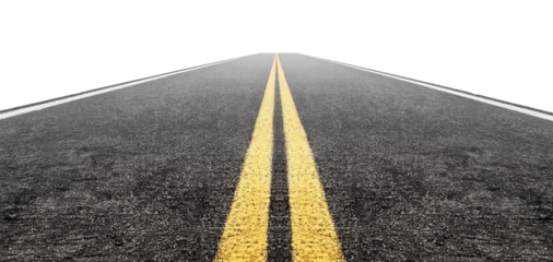 Black asphalt road with yellow double center lines isolated on transparent background