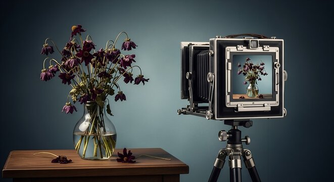 A vintage large format camera captures the melancholic beauty of wilting purple flowers, a poignant still life evoking memory and the ephemeral nature of life, part of 'The Melancholy Arts' theme.