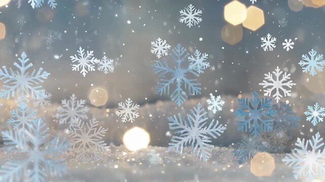 Sparkling winter wonderland with falling snowflakes and magical golden bokeh lights over a frosty snow ground. Ideal festive holiday background video.