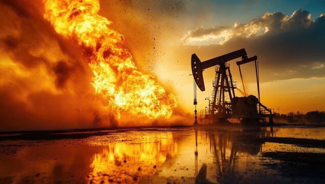 Oil rig fire at sunset - Powered by Adobe