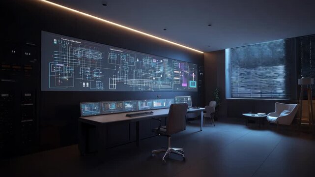Control room with digital displays and workstations