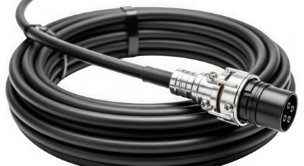 Black power cable with connector isolated on transparent background