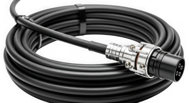 Black power cable with connector isolated on transparent background