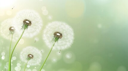 Delicate dandelion flowers in a soft, light green background