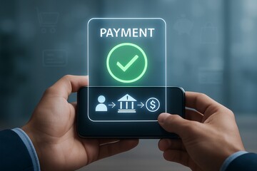 Online Mobile Payment Confirmation with Checkmark and Transaction Icons on Smartphone, Representing Secure Digital Banking and E-commerce.