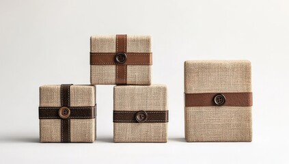 Obraz premium Four square, light beige fabric gift boxes, stacked, with brown leather-like ribbon and buttons