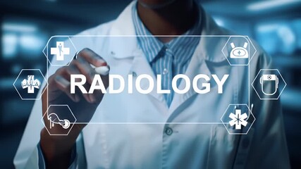 Medical Professional in White Coat Interacting with Holographic Radiology Interface Displaying Medical Icons in a Clinical Setting - Powered by Adobe