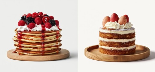Two desserts, pancakes and cake, on wooden platters