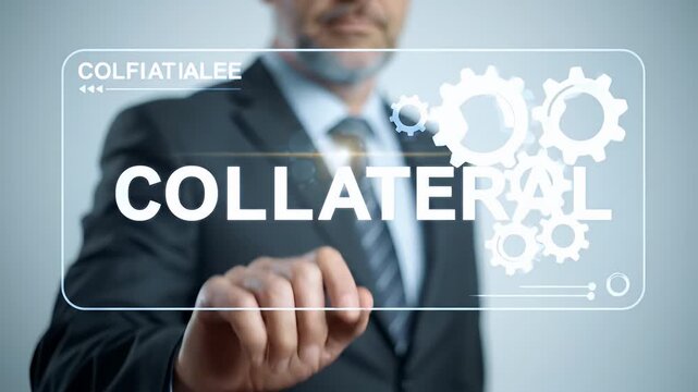 Bearded Businessman in Dark Suit Touching Holographic Collateral Display with Gears and Light Blue Background