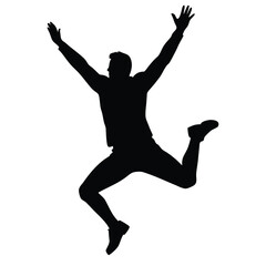 Obraz premium Silhouette of Man Jumping with Arms Raised in Celebration Against White Background