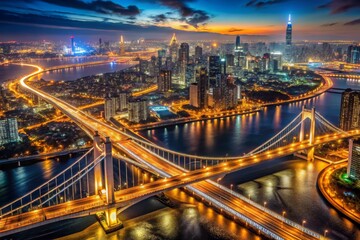 Illuminated Cityscape at Night with Bridges