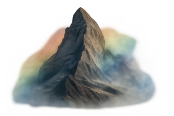 Majestic mountain peak is emerging from a swirling cloud of vibrant colors on a transparent background, creating a surreal and captivating scene